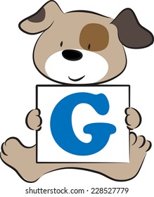vector drawing dog holding a card with letter G