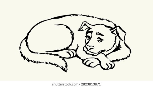 Vector drawing. Dog laying on the ground