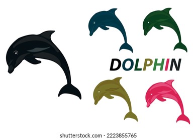 Vector drawing of a dolphin jumping out of the water, 5 colors, black pink, blue, green.