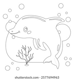 Vector drawing of a dolphin. Smart ocean dweller, for kids, coloring books and education.