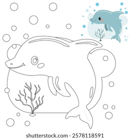 Vector drawing of a dolphin. Smart ocean dweller, for kids, coloring books and education.