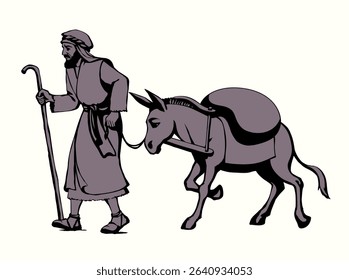Vector drawing. Donkey loaded with cargo