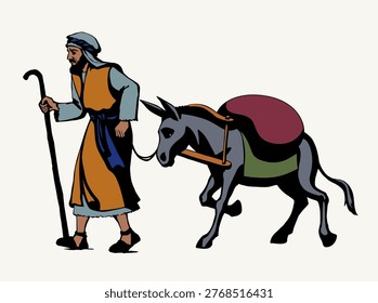Vector drawing. Donkey loaded with cargo