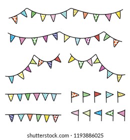 Vector drawing doodle colorful bunting, flag triangle set.