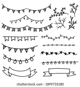 Vector drawing doodle colorful bunting, flag triangle set