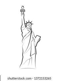 Vector drawing, doodle, freehand sketch or illustration of The Statue of Liberty on Liberty Island in NYC. Simple, minimalist, one line illustration. White background, black, white. Worm's-eye view.