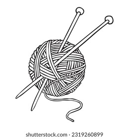 Vektorgrafik im Doodle-Stil. ein Ball aus Wolle und Stricknadeln. Stricken, Häkchen, Hobby