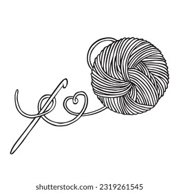 vector drawing in doodle style. a ball of wool and a hook. knitting, crochet, hobby