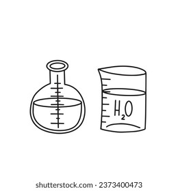 vector drawing in doodle style. chemical flasks, retorts. simple line drawing, sketch. theme back to school
