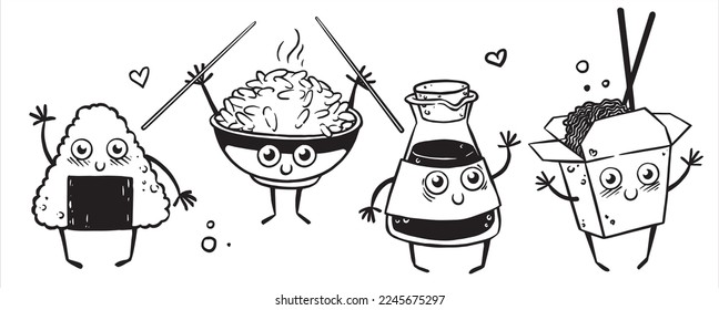 vector drawing in doodle style. cute set of characters on the theme of Asian cuisine. onigiri, rice, chinese noodles, soy sauce. Japanese food