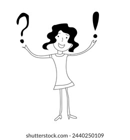 Vector drawing in doodle style in the form of exclamation and question marks in the hands of a girl