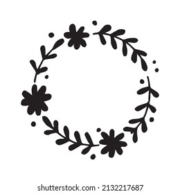 vector drawing in doodle style. round frame, wreath with abstract flowers and branches. modern simple drawing.