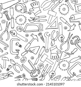 
vector drawing in doodle style. seamless pattern of construction tools, for repair and construction. simple line illustrations