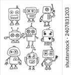 vector drawing in doodle style. set of cute robots. children