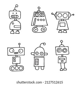 vector drawing in doodle style. set of cute robots. children's line drawing. funny robots