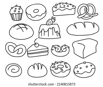 vector drawing in doodle style. set of pastries, bread, donuts cakes and pretzels. simple hand drawing sketch