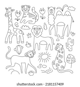 Vector drawing in doodle style, set of cute children's illustrations of African animals, giraffe, monkey, tiger, lion, cheetah, camel.