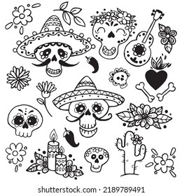 vector drawing in doodle style. set of funny drawings day of the dead in mexico. cheerful painted skulls in a sombrero. El Dia de Muertos