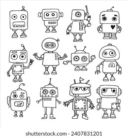 vector drawing in doodle style. set of cute robots. children's line drawing. funny robots