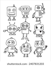 vector drawing in doodle style. set of cute robots. children's line drawing. funny robots