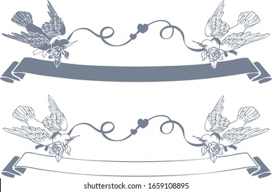 vector drawing doves with flowers and ribbon