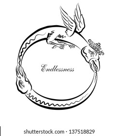 Vector drawing of a dragon and snake which represent infinity.