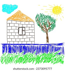 Vector drawing drawn by a child with colored pencils in the form of a house and nature