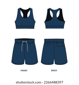 Vector drawing drawstring shorts and top for fitness, running, swimming. Vector template of sports shorts and sports bra front and back view. Sketch of short shorts and blue t-shirt