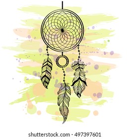 Vector drawing of a dream catcher talisman on a brush stroke grunge background. Vector illustration. Ethnic design, tribal symbol. Shamanism, psychedelic, boho chic concept.