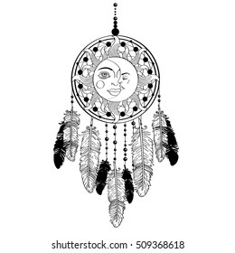 Vector drawing of a dreamcatcher. Sun and moon symbols. 