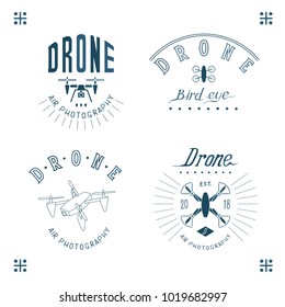 vector drawing drone logo set, quadrocopter, miltycopter logo simbol, lettering, isolated