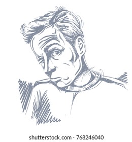 Vector drawing of drunk man or gambler with wrinkles on his forehead. Black and white portrait of tricky guy. 