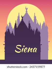 Vector drawing of Duomo di Siena cathedral, Italy. Architecture tourism landmark, travel destination. Hand drawn evening sun silhouette illustration