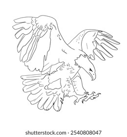 Vector drawing of an eagle, American eagle in flight. Outline drawing of a wild bird of prey. Design element for print, clothing, stickers, cards, fabrics, invitations