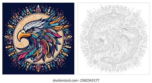 Vector drawing of an eagle in mandala style for coloring book, vector illustrations for adults. Anti-stress coloring for adults. Eagle in two versions, colored and black and white.

