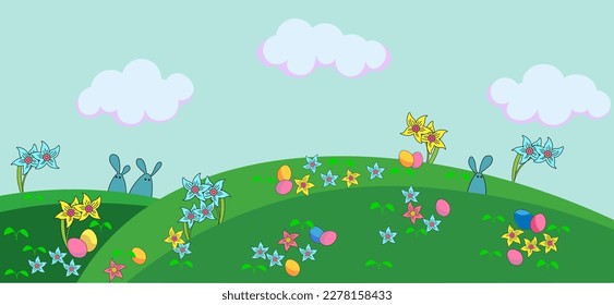 Vector drawing. Easter bunnies in the meadow. Easter eggs in flowers