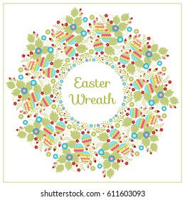 Vector drawing, Easter eggs, pink and red rose flower buds, forget me not flowers, green twigs, sprigs and leaves. Isolated on white greeting card. Easter holiday celebration wreath