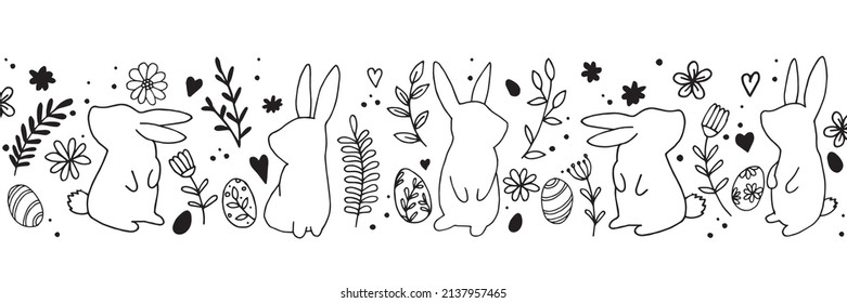 vector drawing. easter print, banner. doodle style seamless border with cute easter bunnies, hares, eggs and abstract flowers. black and white line drawing