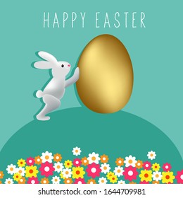 Vector drawing for Easter. A rabbit is pushing an easter egg. For congratulations