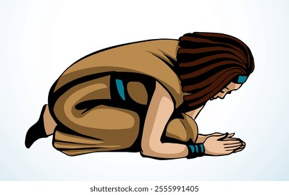 Vector drawing. Egyptian girl bow in praying