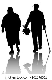 Vector drawing of an elderly couple walking