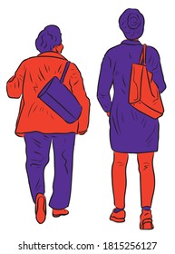 Vector drawing of elderly woman with her adult daughter walking outdoors together