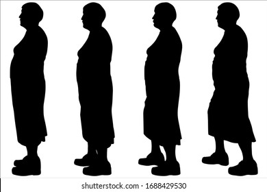 Vector drawing of an elderly woman walking. Senior women walking silhouettes illustration. Set of four black silhouettes isolated on a white background. Grandmother on a walk, takes a step.