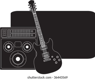 A vector drawing of an electric guitar and amplifier with frame and room for text