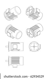 Vector Drawing Of Electric Motor - Orthographic And Isometric Views