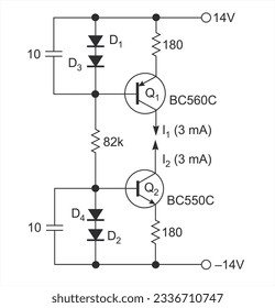 Circuito eléctrico de dibujo vectorial con condensador, 
 transistor, diodo
y resistencia. Diagrama esquemático del dispositivo electrónico.