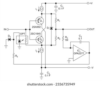 Vector drawing electrical circuit with capacitor, 
operational amplifier, transistor, diode
and resistor. Schematic diagram of electronic device.