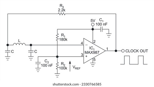 Vector drawing electrical circuit with operational 
amplifier, capacitor, inductance coil 
and resistor. Schematic diagram of electronic device.