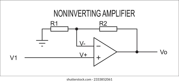 Vector drawing electrical circuit with operational amplifier and resistor. Schematic diagram of electronic device.