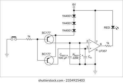 Vector drawing electrical circuit with operational 
amplifier, capacitor, transistor, led, diode, button 
and resistor. Schematic diagram of electronic device.
